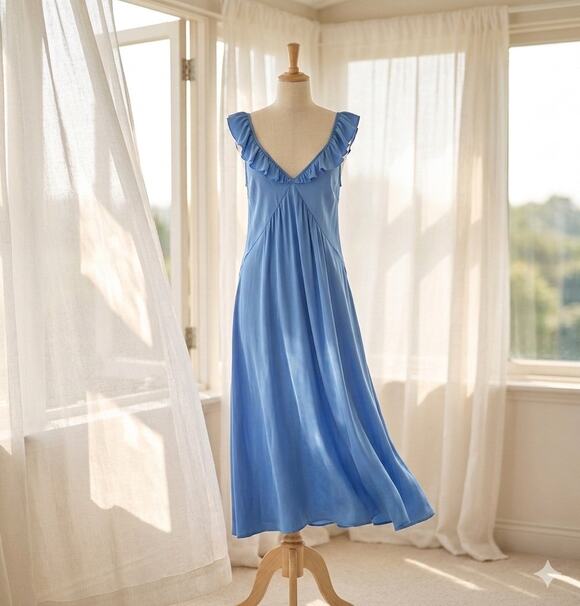Zara Dresses & Skirts - Zara Blue Ruffled Satin Effect V-Neck Midi Slip Dress sz S 70s Romantic Ballet